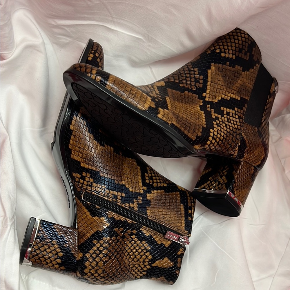 Calvin Klein Black and Brown Heeled Boots with Snakeskin Pattern